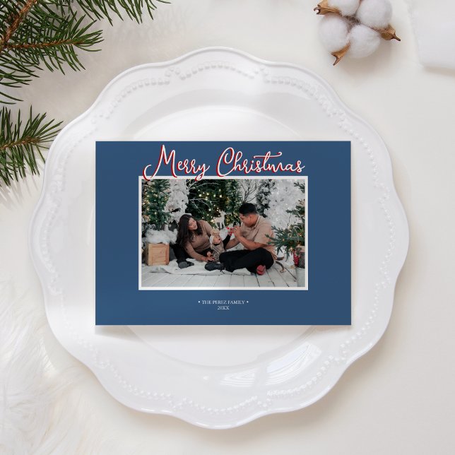 Cartes Pour Fêtes Annuelles Blue Holly Jolly Joyeux Noël Photo et lettre (Créateur téléchargé)