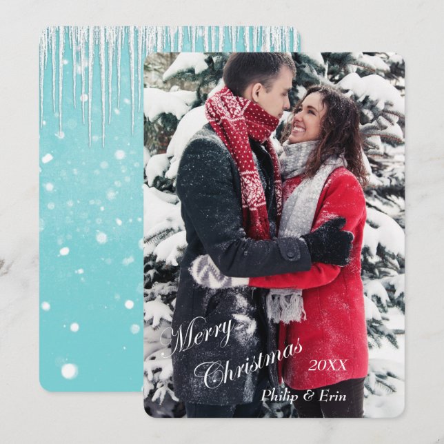 Cartes Pour Fêtes Annuelles Blue Icicle Neige Moderne Noël (Devant / Derrière)