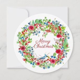 Cartes Pour Fêtes Annuelles Blue Jay et Rose Aquarelle Joyeux Noël