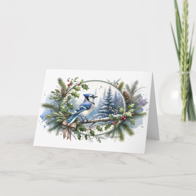 Cartes Pour Fêtes Annuelles Blue Jay Forest Holly Berries Evergreens Pinecones (Devant)