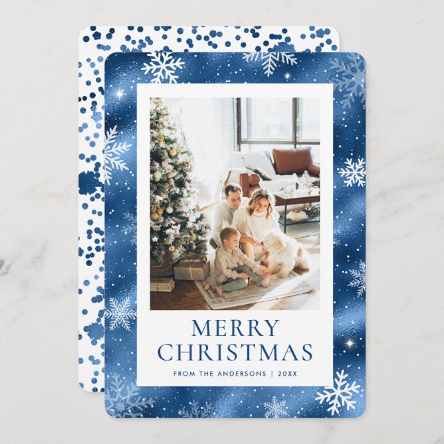 Cartes Pour Fêtes Annuelles Blue Joyeux Noël Snowflake Photo Neige (Devant / Derrière)