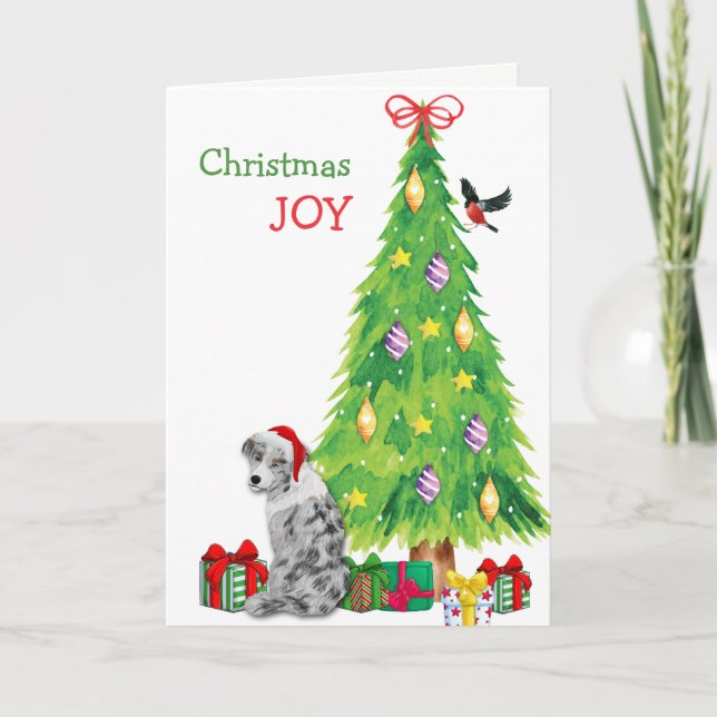 Cartes Pour Fêtes Annuelles Blue Merle Australian Shepherd et sapin de Noël (Devant)