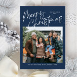 Cartes Pour Fêtes Annuelles Blue Merry Noël Calligraphie Script 4 Photo<br><div class="desc">Blue Merry Christmas Calligraphy Script 4 Photo Holiday Card propose un script de calligraphie moderne sur le devant,  avec une photo et trois photos sur le dos.</div>