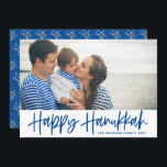 Cartes Pour Fêtes Annuelles Blue Modern Calligraphy Happy Hanoukka Photo<br><div class="desc">Heureux Hanoukka ! Envoyez vos souhaits à votre famille et à vos amis avec cette carte à plat photo personnalisable. Il présente une calligraphie moderne bleue avec un motif d'olives. Personnalisez en ajoutant des noms et une photo. Cette carte de script Happy Hanoukka est disponible dans d'autres cartes.</div>