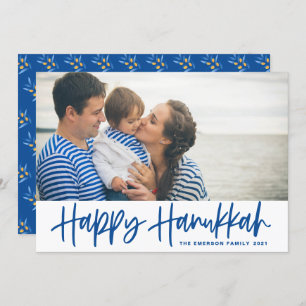 Cartes Pour Fêtes Annuelles Blue Modern Calligraphy Happy Hanoukka Photo