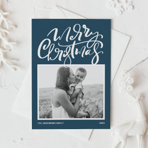 Cartes Pour Fêtes Annuelles Blue Modern Calligraphy Photo Joyeux Noël