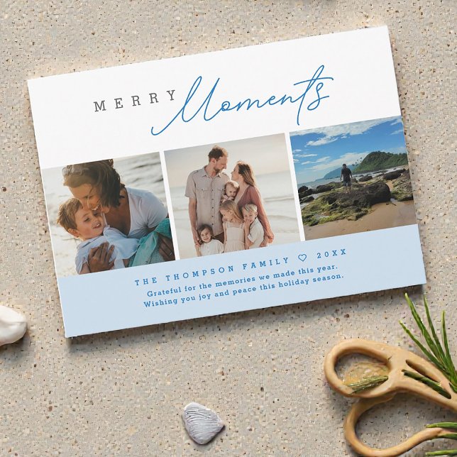 Cartes Pour Fêtes Annuelles Blue Modern Merry Moments Beach Photos Holiday (Custom vacation photo Merry Moments Holiday family cards.)