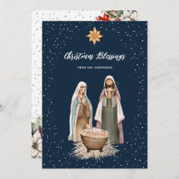 Cartes Pour Fêtes Annuelles Blue Nativity Botanical Christian Christmas Card