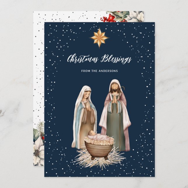 Cartes Pour Fêtes Annuelles Blue Nativity Botanical Christian Christmas Card (Devant / Derrière)