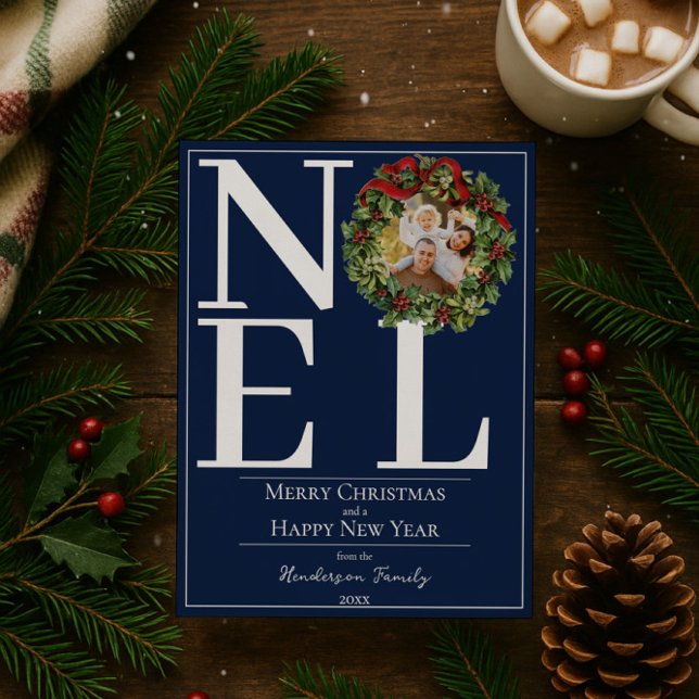 Cartes Pour Fêtes Annuelles Blue Noel Christmas Wreath Photo (Blue Noel Christmas Wreath Photo Holiday Card)