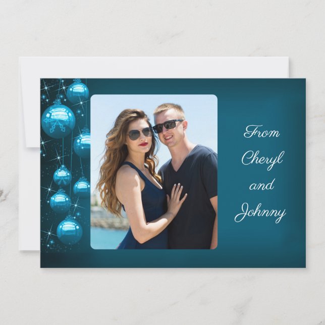 Cartes Pour Fêtes Annuelles Blue Ornamy vertical Photo message personnel (Devant)