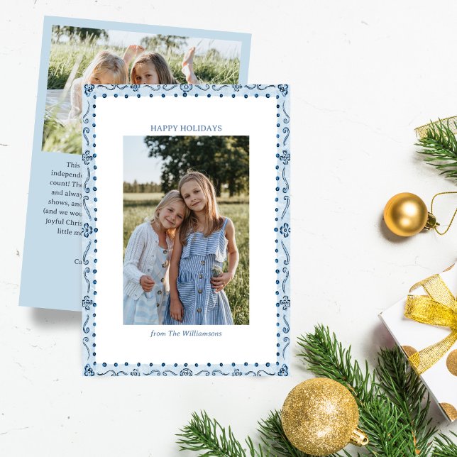 Cartes Pour Fêtes Annuelles Blue Painted Folk Floral Border Christmas Photo (Créateur téléchargé)