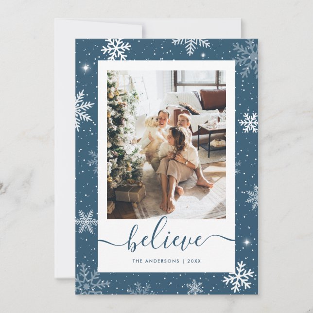 Cartes Pour Fêtes Annuelles Blue Photo Snowflake Believe (Devant)