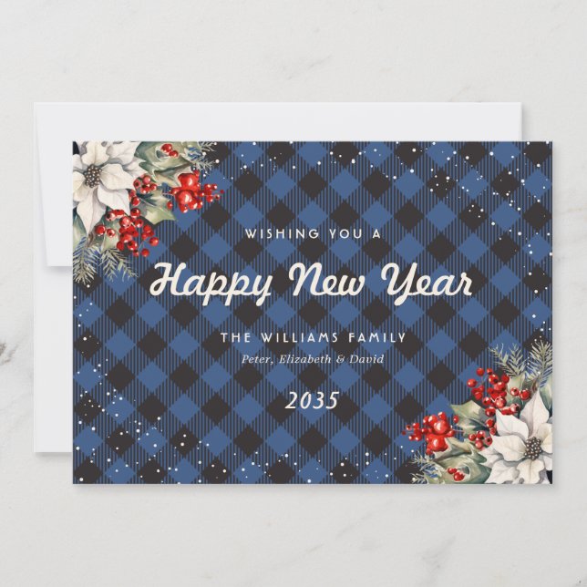 Cartes Pour Fêtes Annuelles Blue Plaid Snow Botanical New Year Card (Devant)