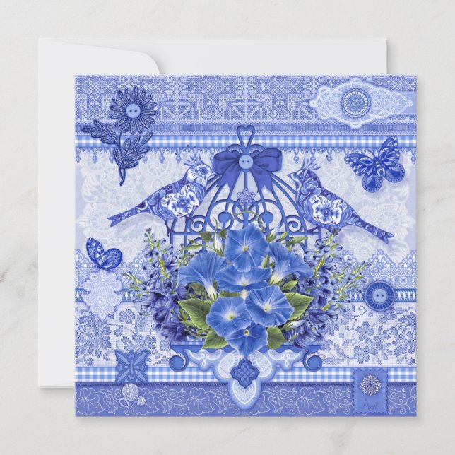 Cartes Pour Fêtes Annuelles Blue Porcelain Birds and Birdcage Card (Devant)