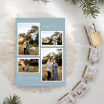Cartes Pour Fêtes Annuelles Blue Retro Boho Minimaliste Quatre Photo Collage<br><div class="desc">Cette carte de vacances Blue Retro Boho Minimalist Four Photo Collage présente une toile de fond douce et cool de bleu poussiéreux avec un élégant appariement de typographie simple et d'écriture délicate offrant des Bonnes Fêtes de "Joyeux Noël". Ce charmant style minimaliste est une esthétique parfaitement polie pour que vos...</div>