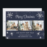 Cartes Pour Fêtes Annuelles Blue Silver Sparkly Snowflake Photo Collage<br><div class="desc">Joli collage photo bleu Joyeux Noël et Bonne Année carte avec des flocons de neige et des étoiles sur le devant et la chute de neige à l'arrière. Personnalisez facilement cette carte de vacances élégante avec vos photos et texte.</div>