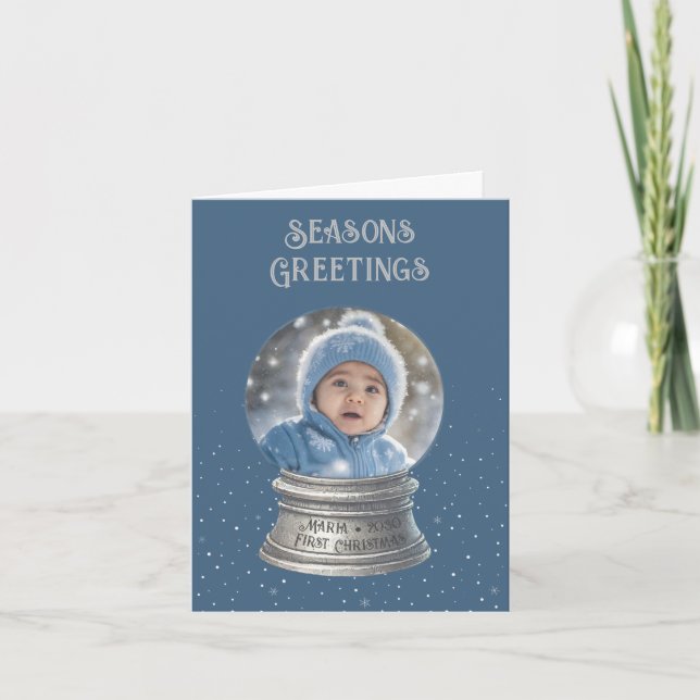 Cartes Pour Fêtes Annuelles Blue Snow Globe Photo Flat Holiday Card (Devant)