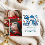 Cartes Pour Fêtes Annuelles Blue Snowman 4 Photo First Christmas<br><div class="desc">Célébrez la première saison de vacances de votre petit avec ce design hivernal gai avec un numéro de plaid bleu, un bonhomme de neige adorable, des sucres de canne et des cadeaux épars. Customisez-le avec la photo et les détails de naissance de votre bébé pour créer un souvenir qui apporte...</div>