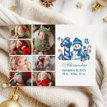 Cartes Pour Fêtes Annuelles Blue Snowman 7 Photo First Christmas<br><div class="desc">Célébrez la première saison de vacances de votre petit avec ce design hivernal gai avec un numéro de plaid bleu, un bonhomme de neige adorable, des sucres de canne et des cadeaux épars. Customisez-le avec la photo et les détails de naissance de votre bébé pour créer un souvenir qui apporte...</div>