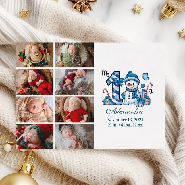 Cartes Pour Fêtes Annuelles Blue Snowman 8 Photo Premier Noël (Créateur téléchargé)