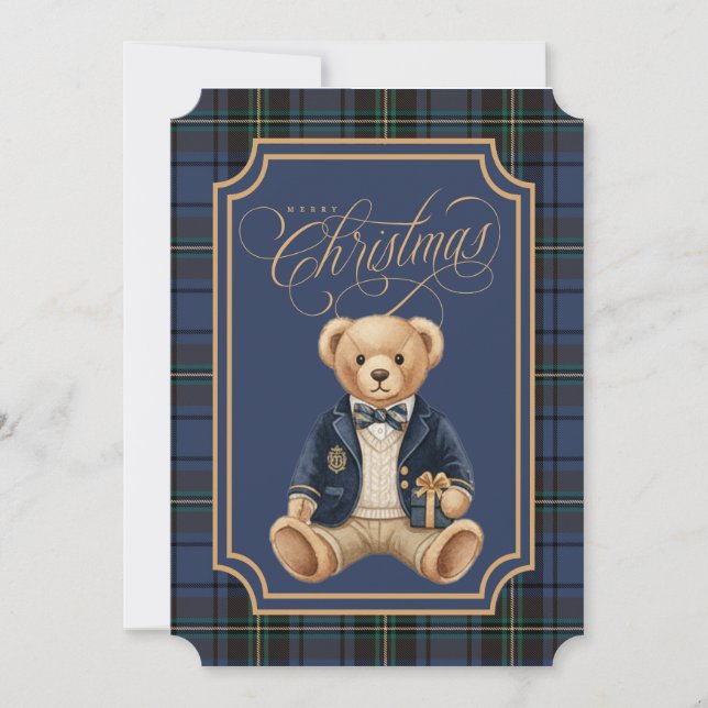 Cartes Pour Fêtes Annuelles Blue Tartan Plaid | Christmas Teddy Bear (Devant)