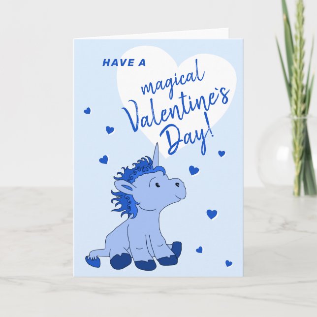 Cartes Pour Fêtes Annuelles Blue Unicorn Heart Kids Classroom Saint Valentin (Devant)