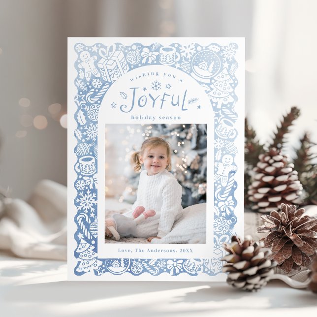 Cartes Pour Fêtes Annuelles Blue Whimsical Hand Drawn Joyful Holiday Photo (Blue Whimsical Hand Drawn Joyful Holiday Photo)