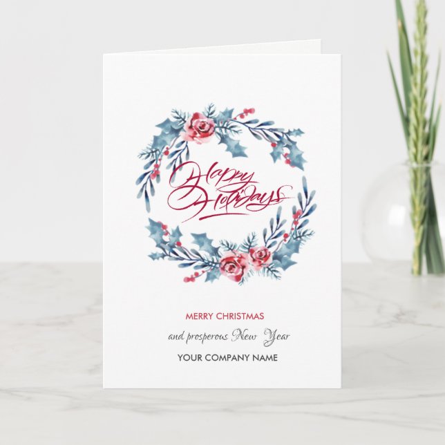 Cartes Pour Fêtes Annuelles Blue Wreath Joyeux Noël Entreprise (Devant)