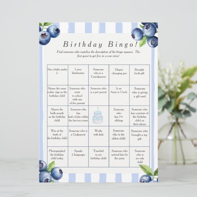 Cartes Pour Fêtes Annuelles Blueberry  Birthday Find Guest Bingo game card (Debout devant)