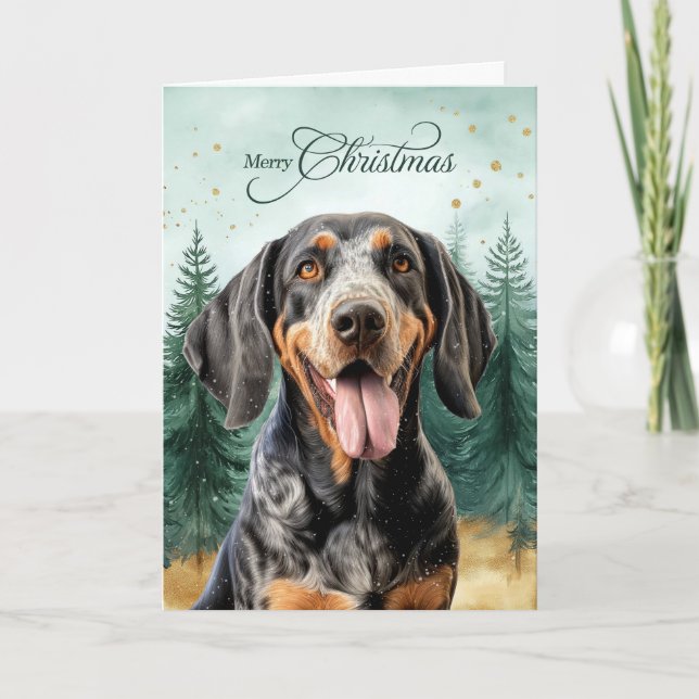 Cartes Pour Fêtes Annuelles Bluetick Coonhound Dog and Winter Forest (Devant)