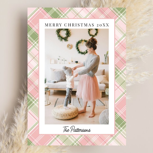Cartes Pour Fêtes Annuelles Blush Pink & Sage Green Plaid Photo Christmas (Créateur téléchargé)
