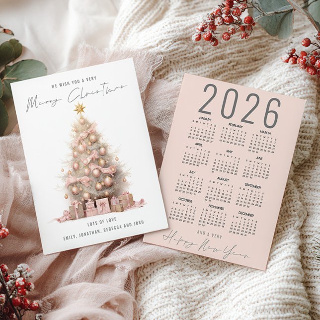 Cartes Pour Fêtes Annuelles Blush Quirky Tree 2026 Calendrier Joyeux Noël (front and back view)