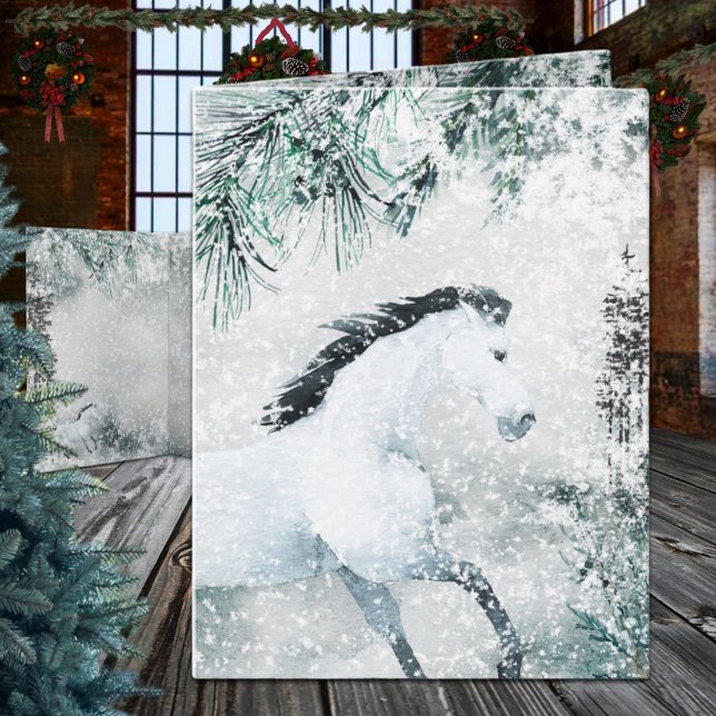 Cartes Pour Fêtes Annuelles Blustering Winter Woodland Forest White Horse (Blustering Winter Woodland Forest White Horse Christmas Holiday Wraparound Graphics  Folded Card)