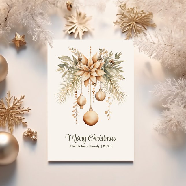 Cartes Pour Fêtes Annuelles Boho Aquarelle Floral Ornement de Noël (Boho Watercolor Floral Christmas Ornament Holiday Card surrounded with golden Christmas ornaments.)