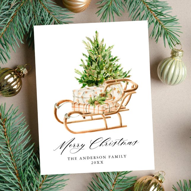 Cartes Pour Fêtes Annuelles Boho Aquarelle Sleigh de Noël sans photo (Créateur téléchargé)