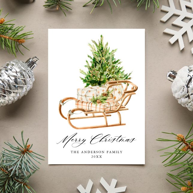 Cartes Pour Fêtes Annuelles Boho Aquarelle Sleigh de Noël sans photo (Créateur téléchargé)