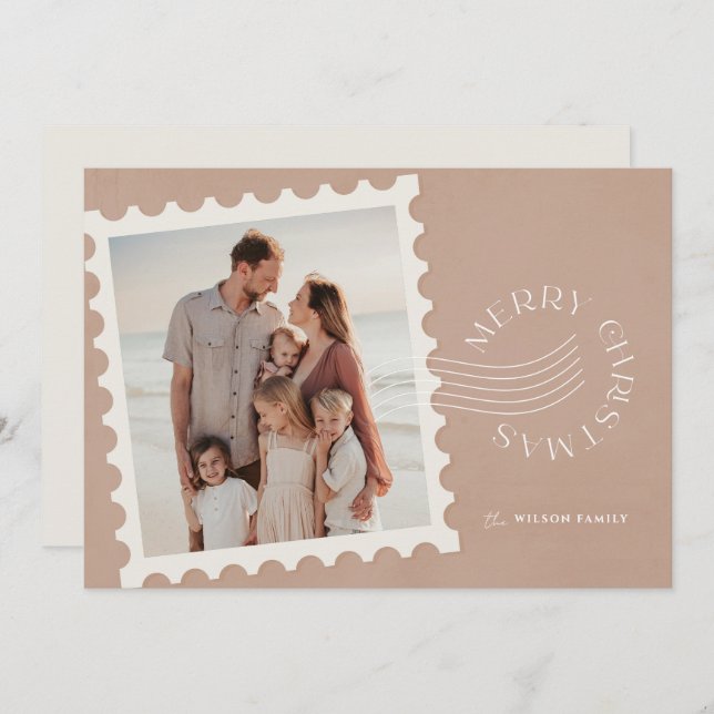 Cartes Pour Fêtes Annuelles Boho Beige Timbre 2 Photo Noël (Devant / Derrière)