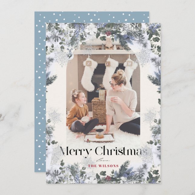 Cartes Pour Fêtes Annuelles Boho Bleu Arc Botanique 4 Photo Noël (Devant / Derrière)