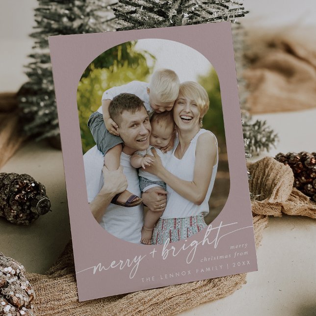 Cartes Pour Fêtes Annuelles Boho Chic Rose Rose Joyeux Bright Photo Noël (Créateur téléchargé)