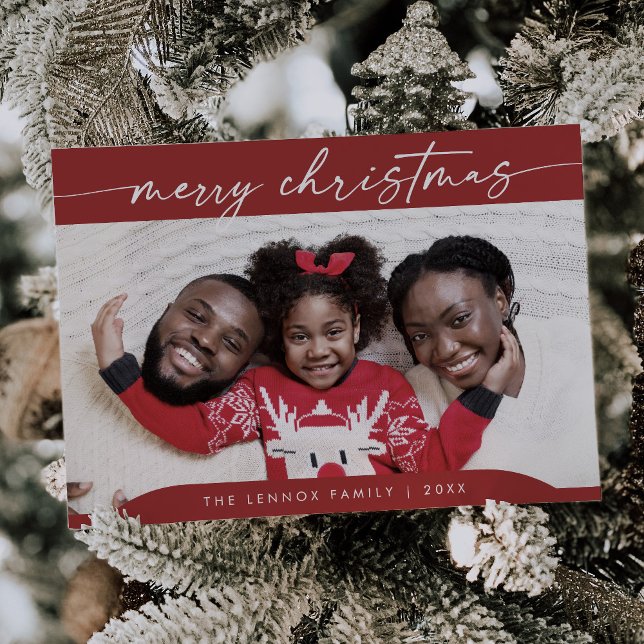 Cartes Pour Fêtes Annuelles Boho Chic Rouge Facile Photo moderne Noël (Créateur téléchargé)