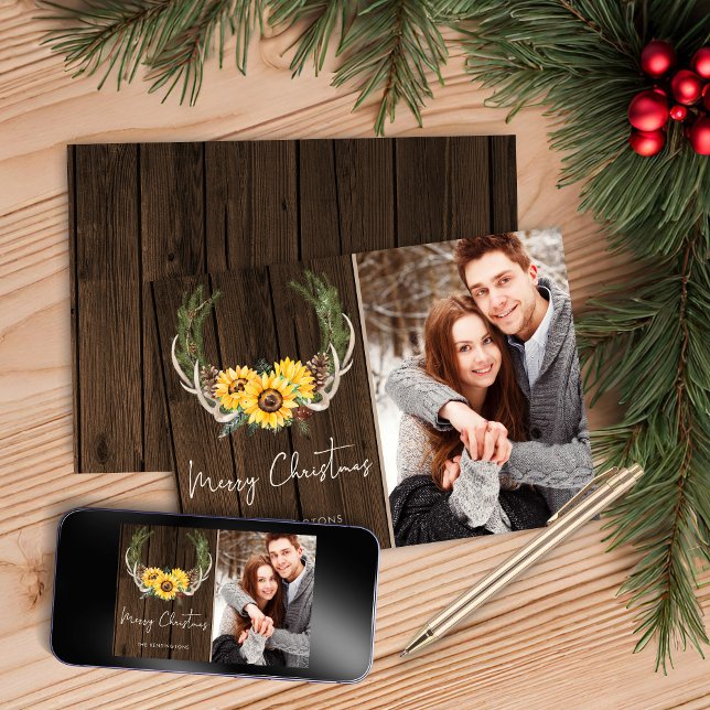 Cartes Pour Fêtes Annuelles Boho Christmas Sunflower Wreath (Boho Christmas Sunflower Wreath Holiday Photo Christmas Card)