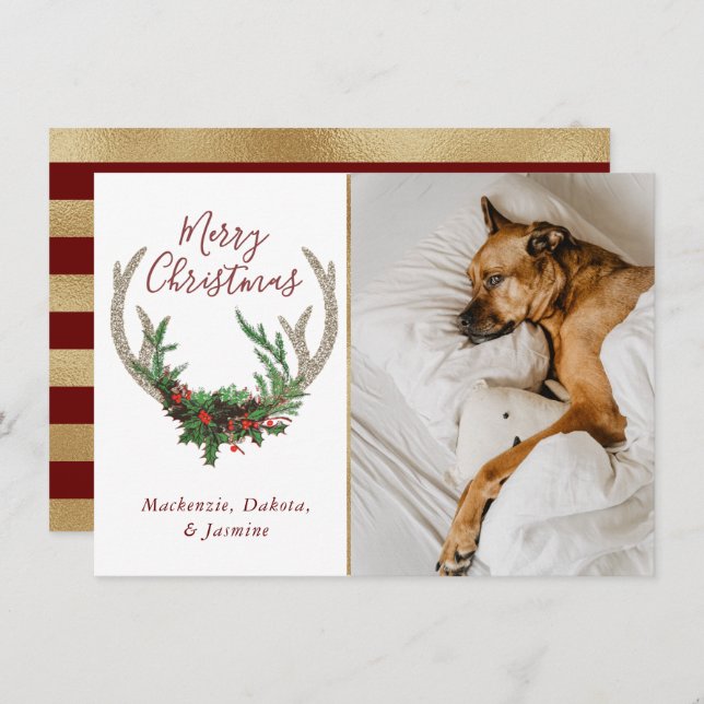 Cartes Pour Fêtes Annuelles Boho Deer Antlers | Rustic Christmas Floral Photo (Devant / Derrière)