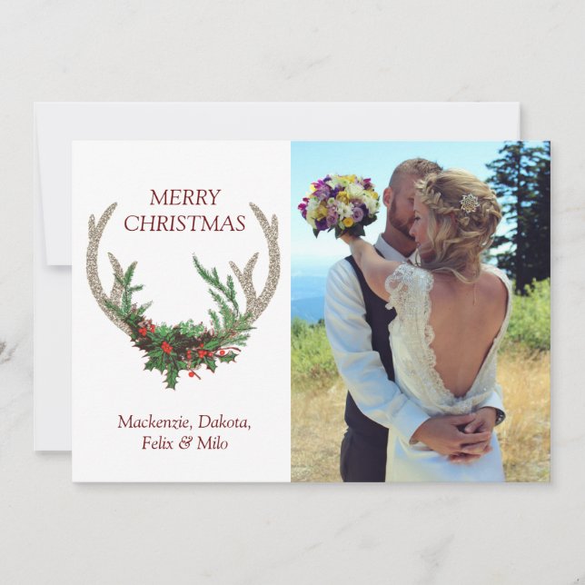 Cartes Pour Fêtes Annuelles Boho Deer Antlers | Rustic Christmas Floral Photo (Devant)