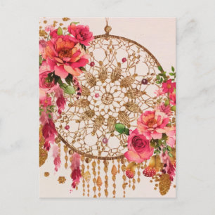 Cartes Pour Fêtes Annuelles Boho Dreamcatcher Pink Gold Floral Aquarelle