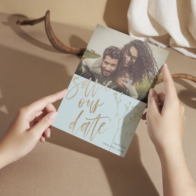 Cartes Pour Fêtes Annuelles Boho Dusty Blue Enregistrer Notre Date Faux Gold & (Créateur téléchargé)