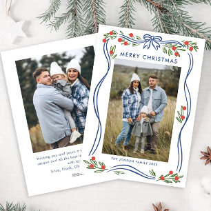 Cartes Pour Fêtes Annuelles Boho Festif bleu Noël Bow Ribbon 2 Photo