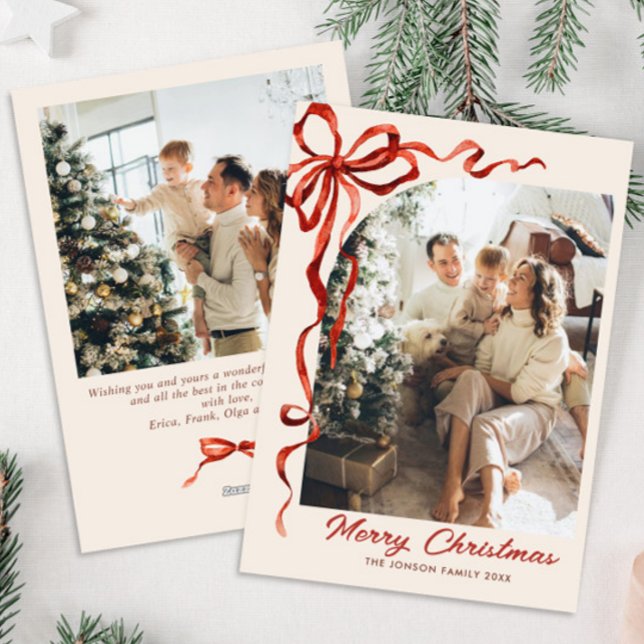 Cartes Pour Fêtes Annuelles Boho Festif Noël Rouge Bow Ribbon 2 Photo (Créateur téléchargé)