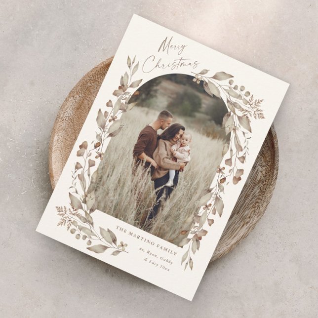 Cartes Pour Fêtes Annuelles Boho Fleur sauvage Arch Photo Noël (Boho wildflower foliage elegant arch photo christmas holiday card.)