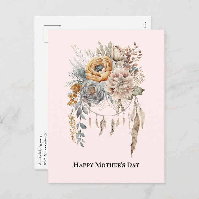 Cartes Pour Fêtes Annuelles Boho Flower Bouquet et Dreamcatcher Fête des Mères (Devant / Derrière)